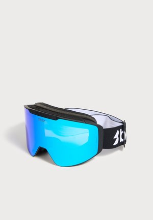 Masque de ski noir avec un large écran bleu réfléchissant et une sangle réglable de marque, sur un fond clair.