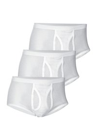 Tre par hvide mesh-trusser har et tekstureret design, elastisk talje og en kort model med en åbning foran.