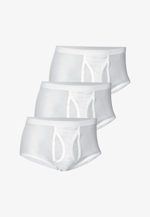 Tre par hvide mesh-trusser har et tekstureret design, elastisk talje og en kort model med en åbning foran.