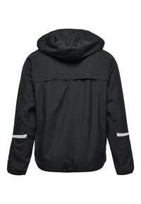 Veste noire à capuche vue de dos avec des manches longues et des bandes réfléchissantes blanches près des coudes.