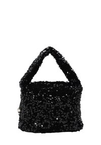 Schwarze Paillettenhandtasche mit strukturierter Oberfläche, runder Hebel und quadratischer Form. Glänzende Pailletten bedecken die gesamte Außenseite.