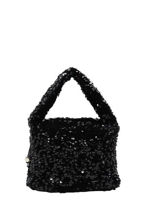 Schwarze Paillettenhandtasche mit strukturierter Oberfläche, runder Hebel und quadratischer Form. Glänzende Pailletten bedecken die gesamte Außenseite.