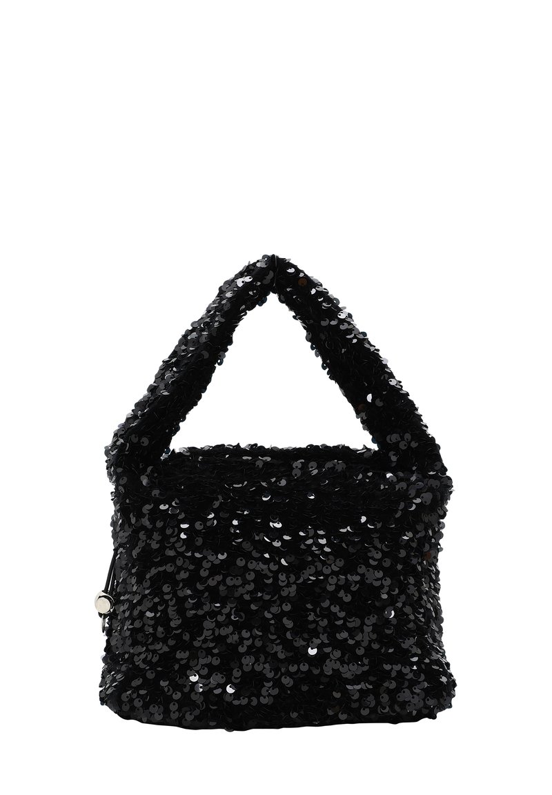 Schwarze Paillettenhandtasche mit strukturierter Oberfläche, runder Hebel und quadratischer Form. Glänzende Pailletten bedecken die gesamte Außenseite.