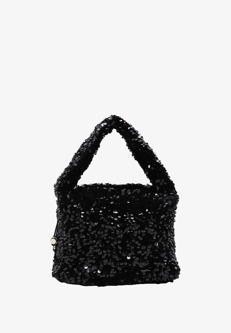 Schwarze Paillettenhandtasche mit strukturierter Oberfläche, runder Hebel und quadratischer Form. Glänzende Pailletten bedecken die gesamte Außenseite.
