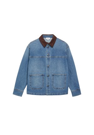Blauwe spijkerjas met bruine kraag, knopen aan de voorkant, lange mouwen en twee voorzakken.