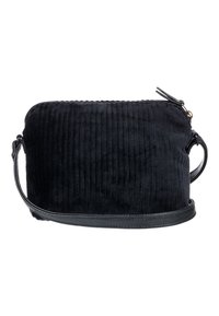 Czarna torba crossbody z kordurowego materiału z teksturową powierzchnią, zamknięciem na zamek błyskawiczny i smukłym skórzanym paskiem. Kompaktowy kształt z pionowymi detalami prążkowania.