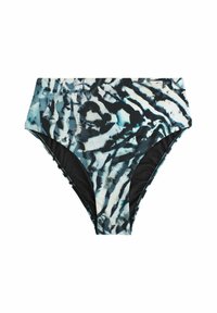 Hochgeschnittene Bikiniunterseite in einem schwarz-blauen abstrakten Muster, mit glatter Textur und kontrastierender schwarzer Einfassung sowie Stichdetails.