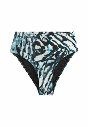 Hochgeschnittene Bikiniunterseite in einem schwarz-blauen abstrakten Muster, mit glatter Textur und kontrastierender schwarzer Einfassung sowie Stichdetails.