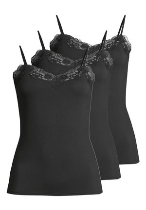 Camisole nere con rifinitura in pizzo, dotate di spalline sottili e regolabili, con un design aderente, vendute in confezione da tre.