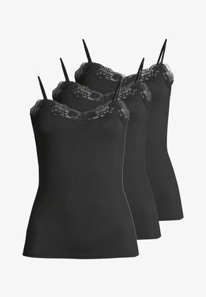 Camisole nere con rifinitura in pizzo, dotate di spalline sottili e regolabili, con un design aderente, vendute in confezione da tre.