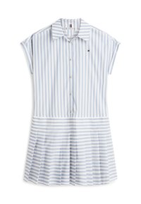 Φόρεμα πουκαμίσα με ριγέ μοτίβο σε ανοιχτό μπλε και άσπρο, με γιακά, κοντά μανίκια και κλείσιμο με κουμπιά· σχεδιασμός με πλισέ φούστα και στενή μέση.