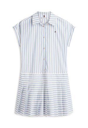 Lyseblå og hvidstribet skjortekjole med krave, korte ærmer og knaplukning; plisseret skørt med taljeret pasform.