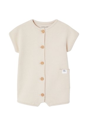 Beige short-sleeve baby romper with wooden buttons down front and a small patch pocket on the right side.