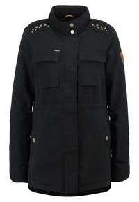 Černá bunda vyrobená z odolné tkaniny, zdobená zlatými nýty na ramene, má dvě přední kapsy a zapínání na patentku. Klasický límcový design.
