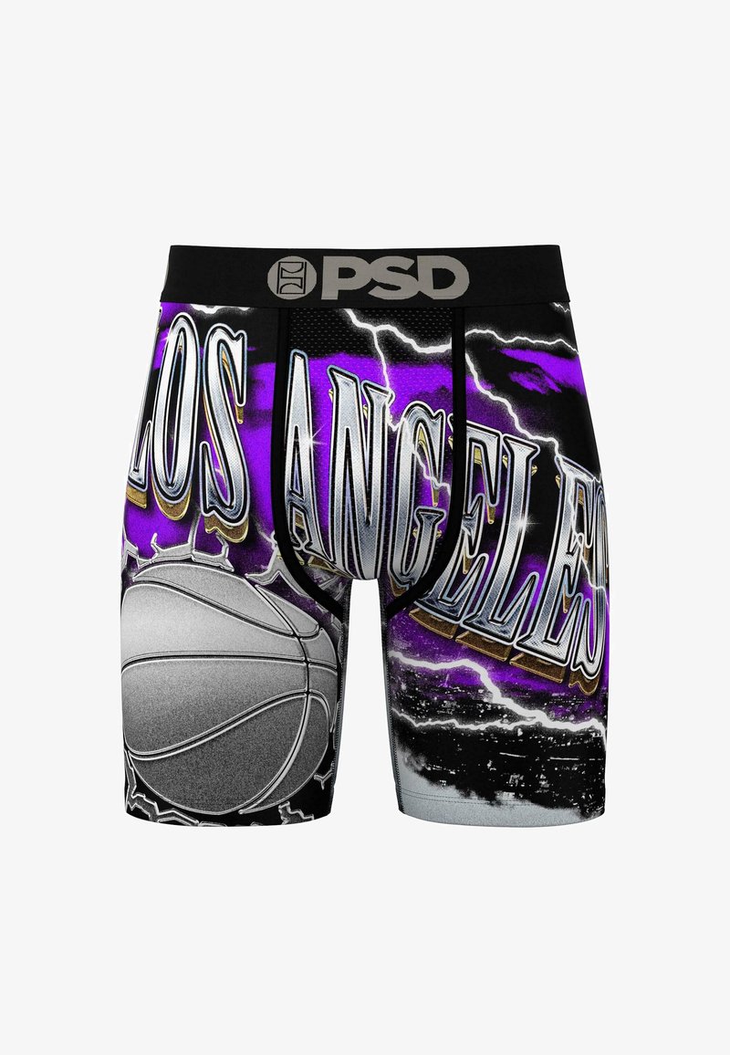 Svart och lila boxershorts med en grafisk design som har texten "LOS ANGELES", en basketbild och blixtmönster. Elastisk midja.
