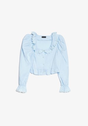 Light blue puff-sleeve blouse made of smooth fabric, featuring a ruffled neckline, button closure, and flared cuffs with lace trim.