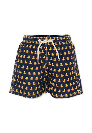 Shorts de bain bleu marine avec cordon blanc, ornés d'un motif répétitif de canards en caoutchouc jaunes.