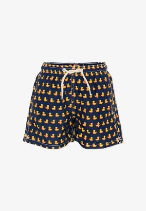 Shorts de bain bleu marine avec cordon blanc, ornés d'un motif répétitif de canards en caoutchouc jaunes.