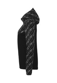 Hættetrøje med en sort krop, prydet med et geometrisk gråt mønster på ærmerne. Materialet ser blødt ud med en glat tekstur. Indeholder lommer.