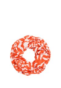 Oranje en witte patroon oneindigheidssjaal van lichtgewicht stof, met een golvend abstract ontwerp overal.