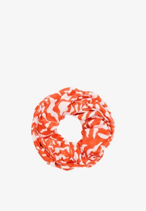 Orange und weiß gemustertes Infinity-Schal aus leichtem Stoff, mit einem wellenförmigen abstrakten Design durchgehend.