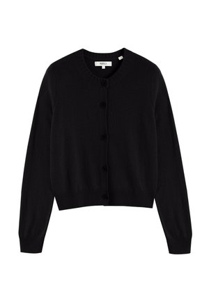 Zwarte cardigan gemaakt van gebreide stof, met een ronde halslijn, lange mouwen, knopen sluiting aan de voorkant, en geribbelde zoom en manchetten.