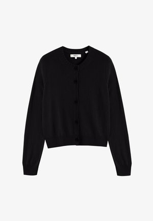 Zwarte cardigan gemaakt van gebreide stof, met een ronde halslijn, lange mouwen, knopen sluiting aan de voorkant, en geribbelde zoom en manchetten.