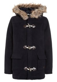 Cappotto duffle in lana blu navy con cappuccio foderato in pelo, chiusure a toggle, tasche anteriori e una finitura testurizzata. Presenta dettagli in pelle e cuciture.