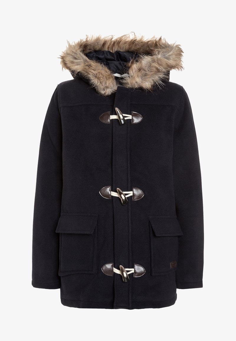 Cappotto duffle in lana blu navy con cappuccio foderato in pelo, chiusure a toggle, tasche anteriori e una finitura testurizzata. Presenta dettagli in pelle e cuciture.