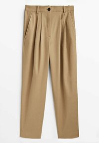 Beige veckade byxor med en slät textur, med knappstängning fram och sidofickor. Rakt ben med en skräddarsydd passform.