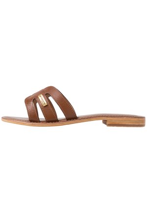 Infradito in pelle marrone con tre cinturini larghi, suola piatta e design minimalista. Caratterizzato da un dettaglio di branding dorato su un cinturino.