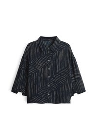 Camicia blu scuro con un motivo geometrico beige chiaro; presenta un collo alla francese e una vestibilità rilassata con maniche ampie e corte.