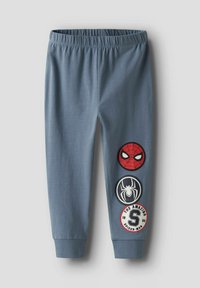 Zili kokvilnas joggeri ar elastīgu jostu, uz kreisā kājas ir trīs Spider-Man tēmas apdruka. Cuff pie potītes.