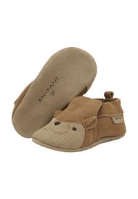 Braune Wildlederschlafsäcke für Babys mit einem lächelnden Tiergesicht, textilen Ohren, einer weichen Sohle und einer Zuglasche für einfaches Anziehen.