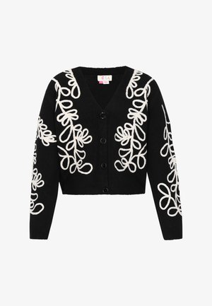 Schwarze Strickjacke mit weißer Schlaufenstickerei, V-Ausschnitt, cropped Design und fünf schwarzen Knöpfen auf der Vorderseite. Weicher Stoff mit strukturierten Akzenten.