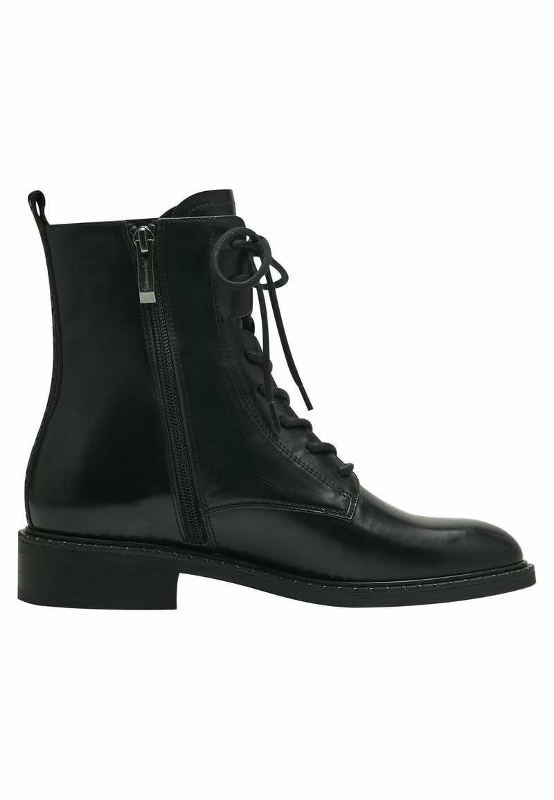 Bottines en cuir noir avec un bout arrondi, un laçage à l'avant et une fermeture éclair sur le côté. Présentent une finition texturée et un petit talon épais.