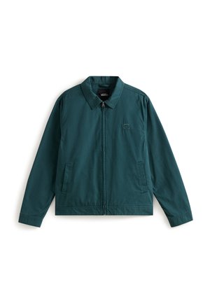 Veste en coton teal avec une fermeture éclair à l'avant, un col pointu et des poches latérales. Présente un logo brodé sur la poitrine et des manches longues.