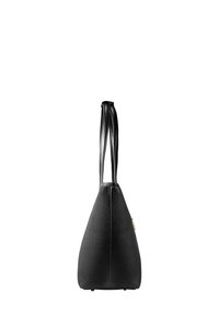 Borsa a tracolla nera in pelle, di forma triangolare, con due manici corti texturizzati e un sottile dettaglio in metallo dorato.