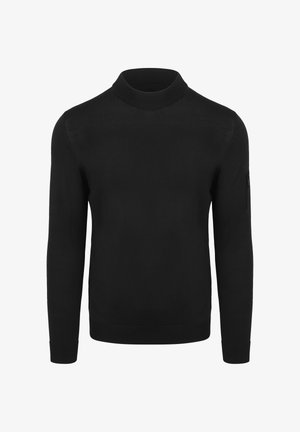 Schwarzer langärmliger Pullover mit hohem Kragen, aus glattem Stoff gefertigt, mit taillierter Form und einer mit Reißverschluss versehenen Tasche am linken Arm.