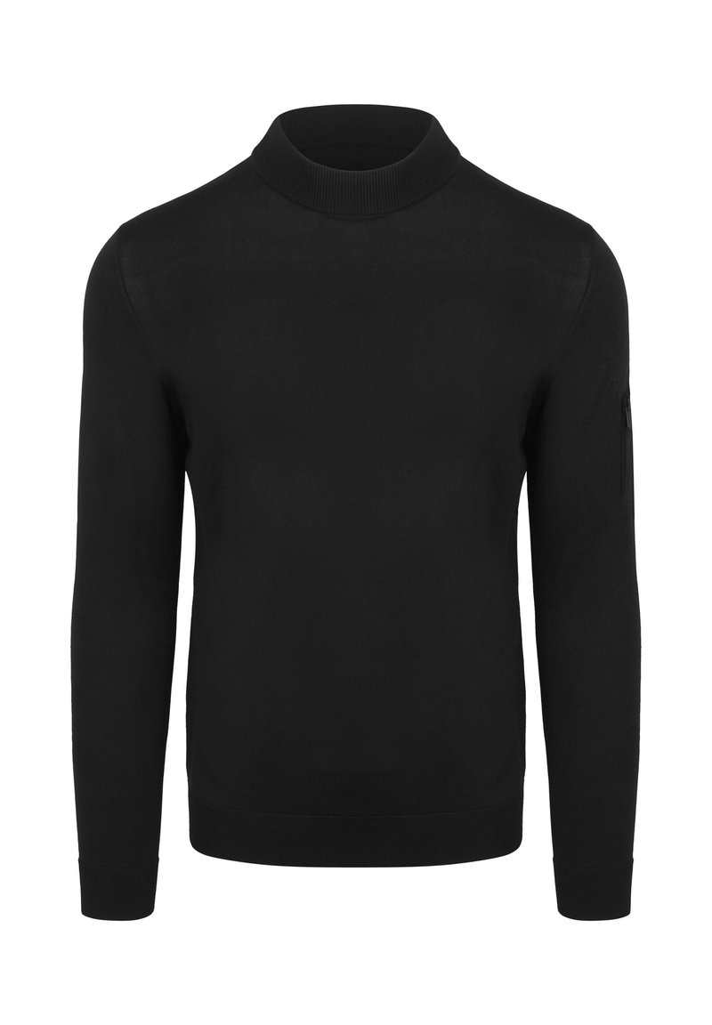 Zwarte langslijf pullover met hoge nek, gemaakt van gladde stof, met een aansluitende vorm en een ritssluiting op de linkermouw.