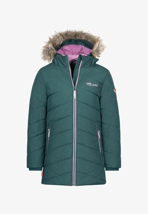 Teal padded jacket with a removable faux fur hood, purple lining, diagonal quilted pattern, front zipper, and two side pockets.