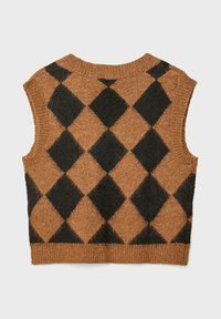 Gilet sans manches en tricot avec grand motif losanges argyle marron et noir, avec encolure, emmanchures et ourlet bordés de côtes.