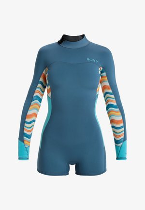 Wetsuit with long sleeves, made of blue neoprene. Features colorful striped patterns in orange, teal, and white on sleeves and sides.
