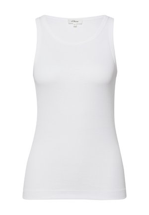 Weißes ärmelloses, geripptes Tanktop mit rundem Ausschnitt, figurbetontem Schnitt und s.Oliver Markenetikett im Krageninneren.