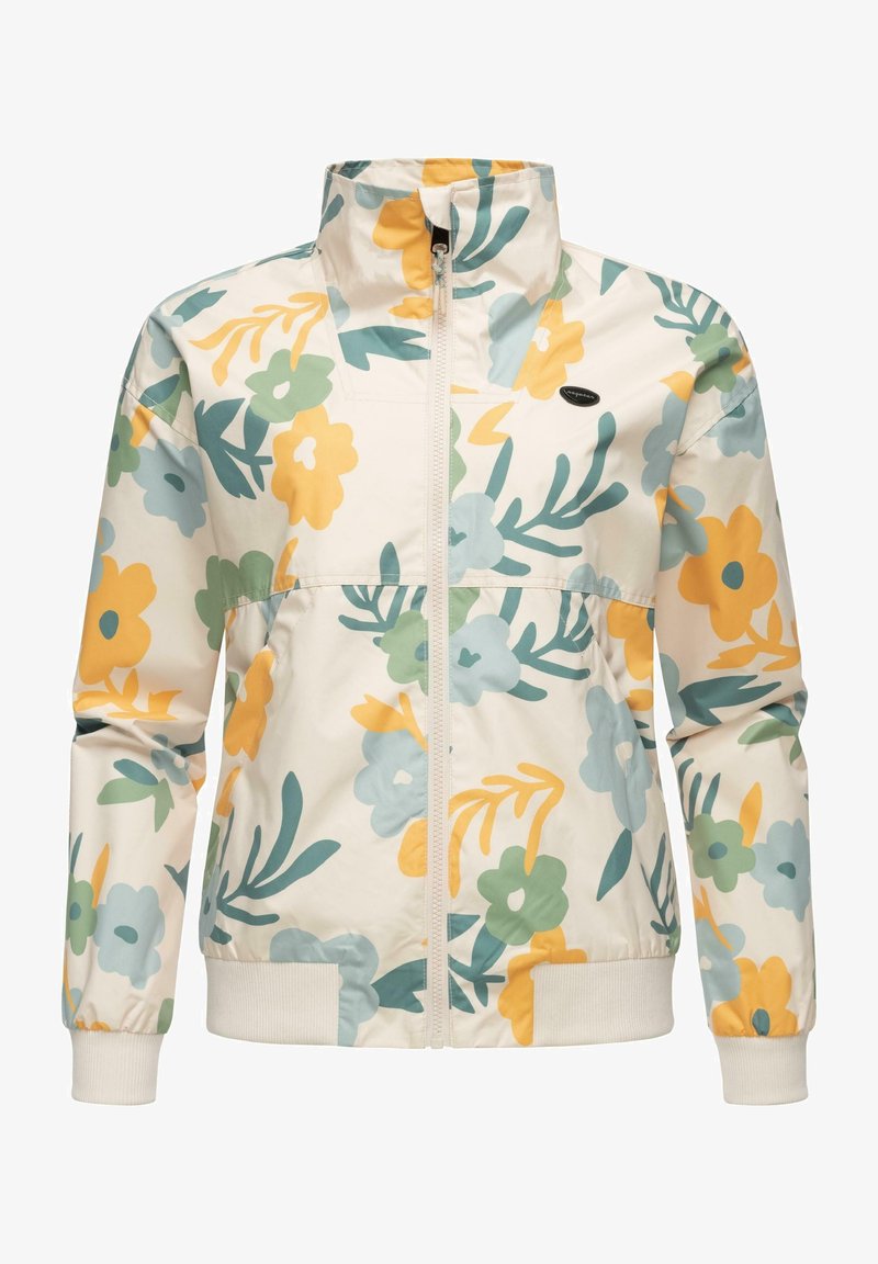 Veste beige clair zippée avec motifs floraux verts, jaunes et bleus, poignets élastiques et ceinture côtelée.