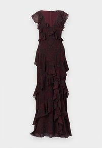 Hosszú bordó ruha fodros rétegekkel, mély V-nyakkivágással és rövid, lebegő ujjal. Mintás anyagból készült, hátul rejtett cipzárral.