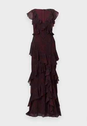 Garš bordo kleita ar volānu slāņiem, dziļu V-veida izgriezumu un īsām plīvurojošām piedurknēm. Izgatavota no rakstaina auduma ar slēptu aizmugurējo rāvējslēdzēju.