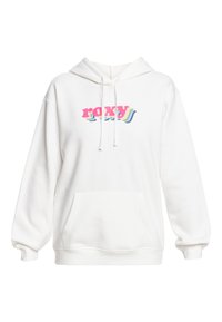 Witte hoodie met een voorzak, voorzien van een multicolore "roxy" logo in roze en blauwe gebogen letters. Verstelbare trekkoordkap.