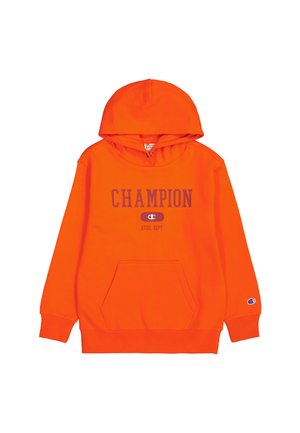 Sudadera de color naranja brillante hecha de una tela suave con un bolsillo delantero. Presenta el logo "CHAMPION" en color púrpura oscuro y un pequeño logo en la manga.