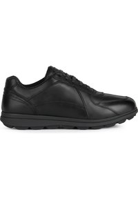 Sneaker nera in pelle con finitura liscia, design con lacci, colletto imbottito e suola in gomma nera ammortizzata con un motivo testurizzato.